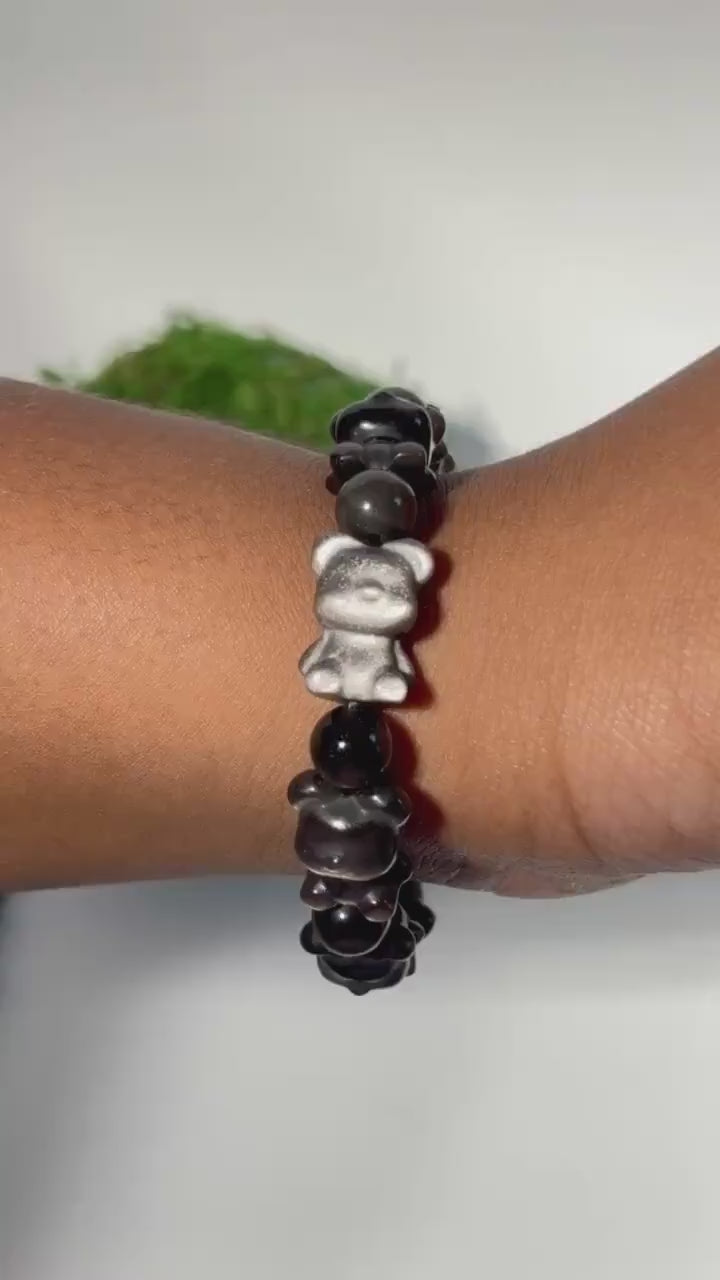 Silver Obsidian Bear Motif Bracelet