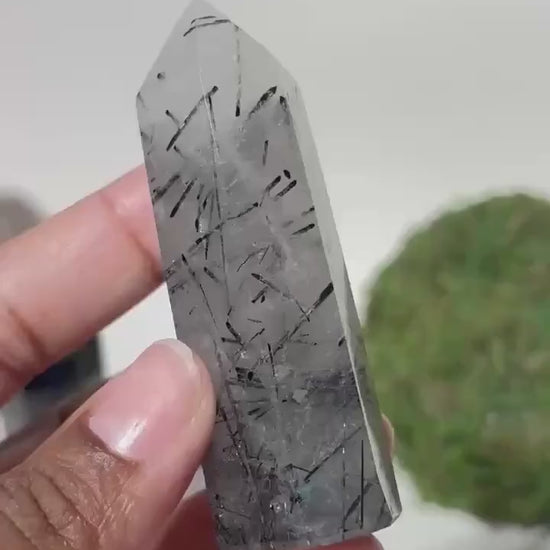 Clear Quartz with Black Tourmaline Tower, Tourmaline Quartz, Tourmalinated Quartz Crystal Point Home Decor, Black Tourmaline in Clear Quartz