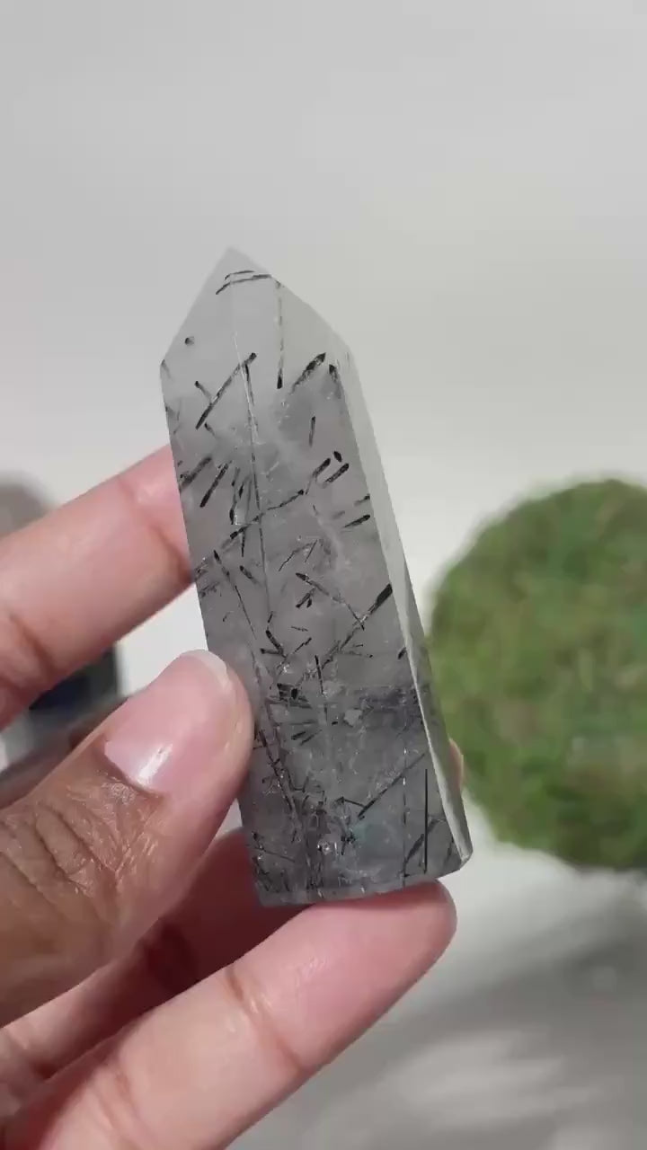 Clear Quartz with Black Tourmaline Tower, Tourmaline Quartz, Tourmalinated Quartz Crystal Point Home Decor, Black Tourmaline in Clear Quartz