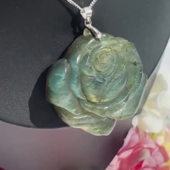Labradorite Rose Carved Pendant Necklace
