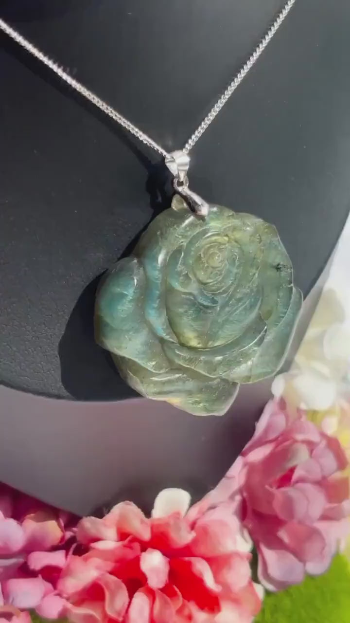 Labradorite Rose Carved Pendant Necklace