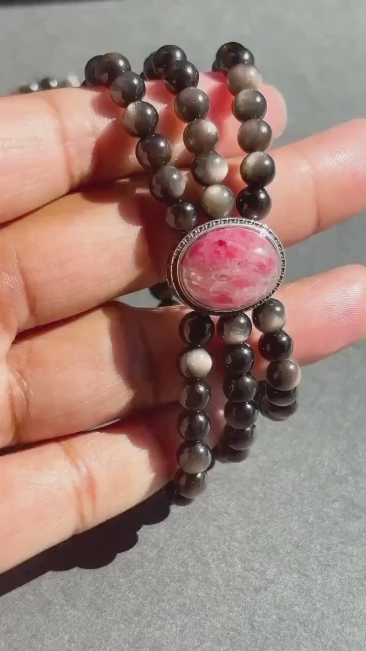 Silver Obsidian and Rhodonite Triple Stretch Crystal Bracelet