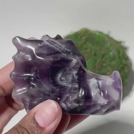 Chevron Amethyst Dragon Head Crystal Carving, Purple Gemstone Figurine, Fantasy Crystal Decor