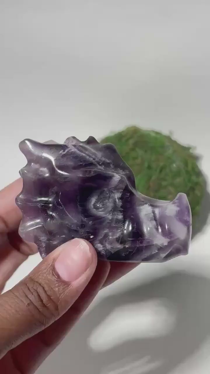 Chevron Amethyst Dragon Head Crystal Carving, Purple Gemstone Figurine, Fantasy Crystal Decor