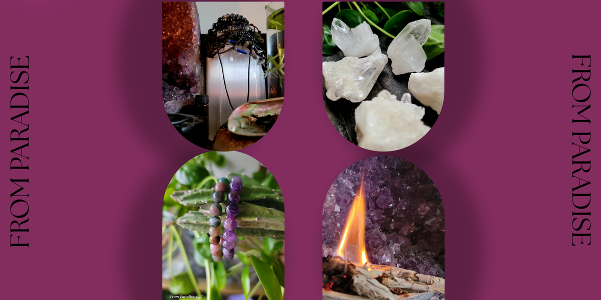 A square graphic with a deep magenta-purple background and four arched photo panels showing crystals, greenery, purple beads, and a flame. Vertical text reads 'FROM PARADISE' on both sides.